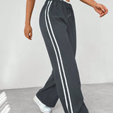 High Waist Wide Leg Track Pants with Side Stripe Detail