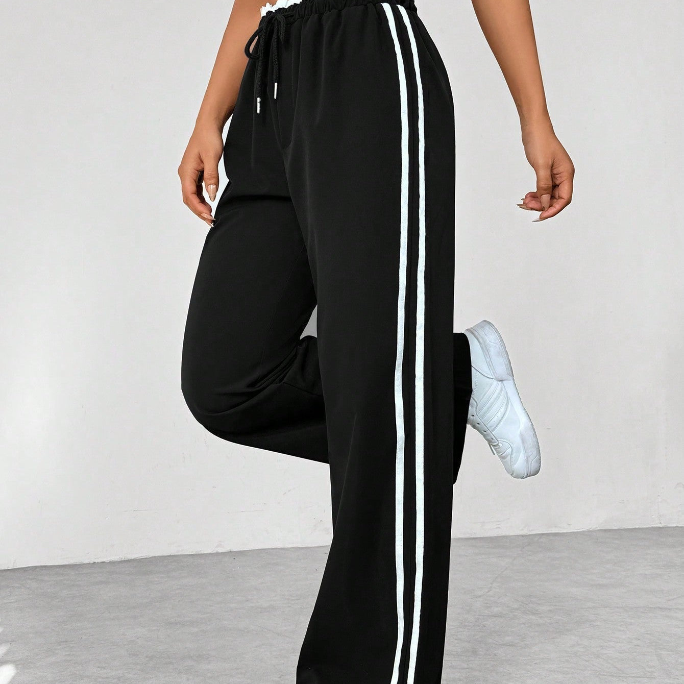 High Waist Wide Leg Track Pants with Side Stripe Detail