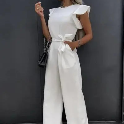 Flutter Sleeve Wide Leg Jumpsuit with Waist Tie