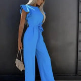 Flutter Sleeve Wide Leg Jumpsuit with Waist Tie