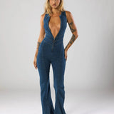 Deep V Neck Denim Jumpsuit with Flared Leg