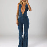 Deep V Neck Denim Jumpsuit with Flared Leg