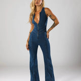 Deep V Neck Denim Jumpsuit with Flared Leg