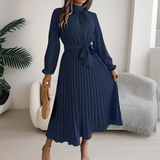 High Neck Long Sleeve Pleated Midi Dress with Waist Tie