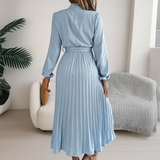 High Neck Long Sleeve Pleated Midi Dress with Waist Tie