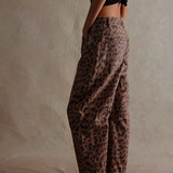 Leopard Print Wide Leg Denim Jeans with Relaxed Fit
