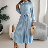 High Neck Long Sleeve Pleated Midi Dress with Waist Tie