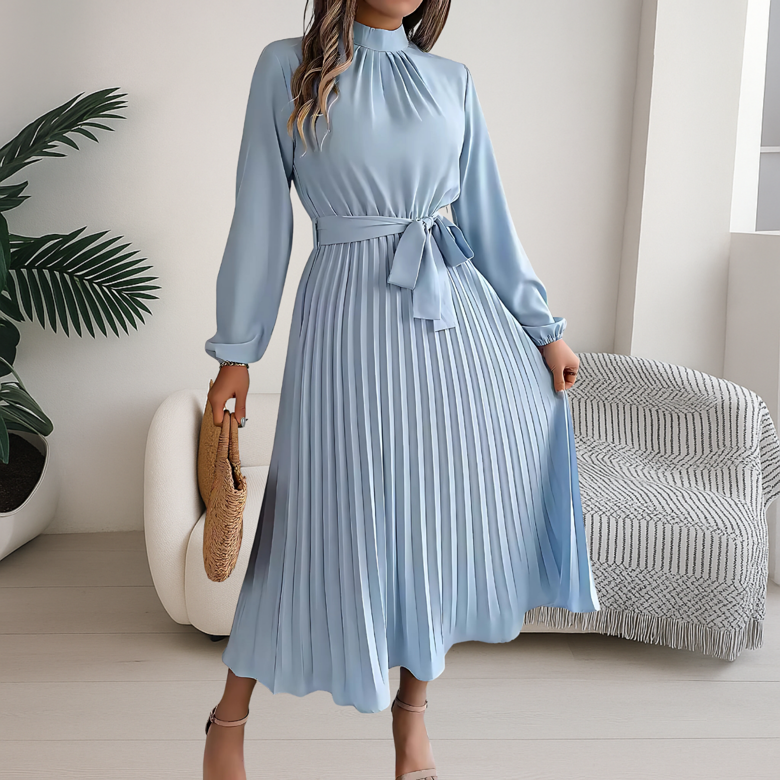 High Neck Long Sleeve Pleated Midi Dress with Waist Tie