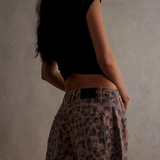 Leopard Print Wide Leg Denim Jeans with Relaxed Fit