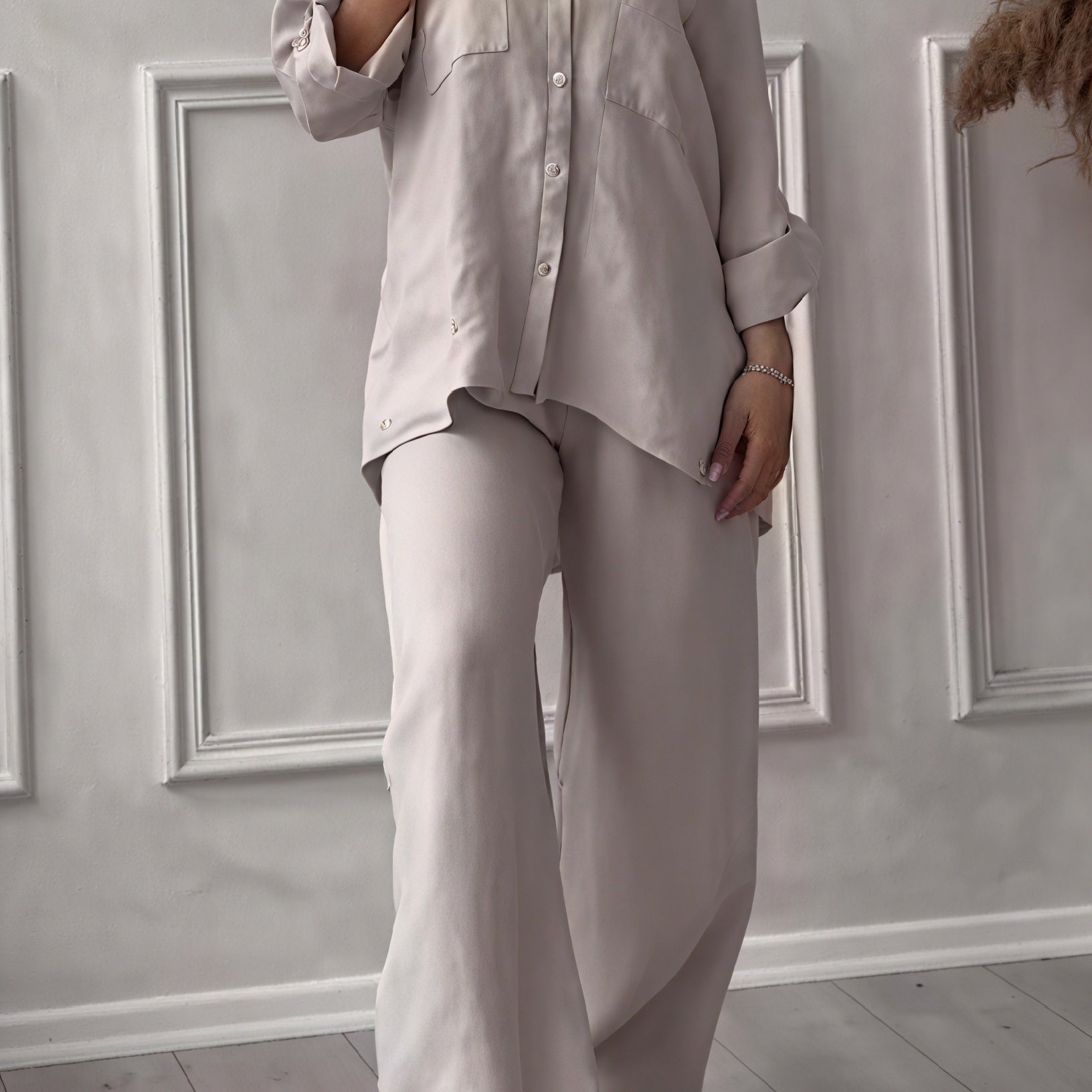 Relaxed Button Down Shirt and Wide Leg Pants Set