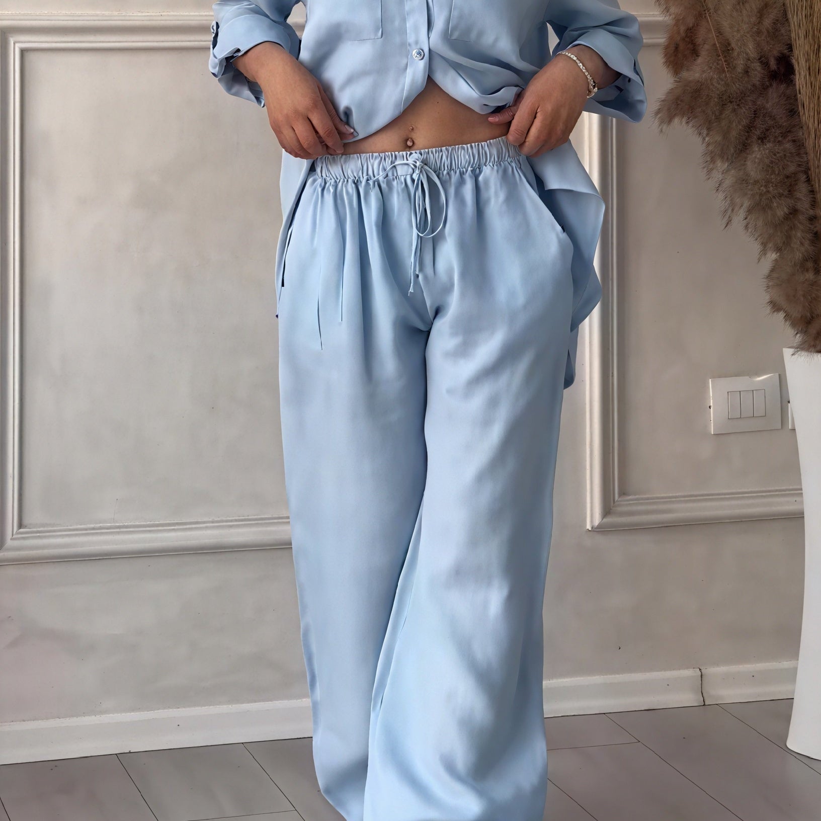 Relaxed Button Down Shirt and Wide Leg Pants Set