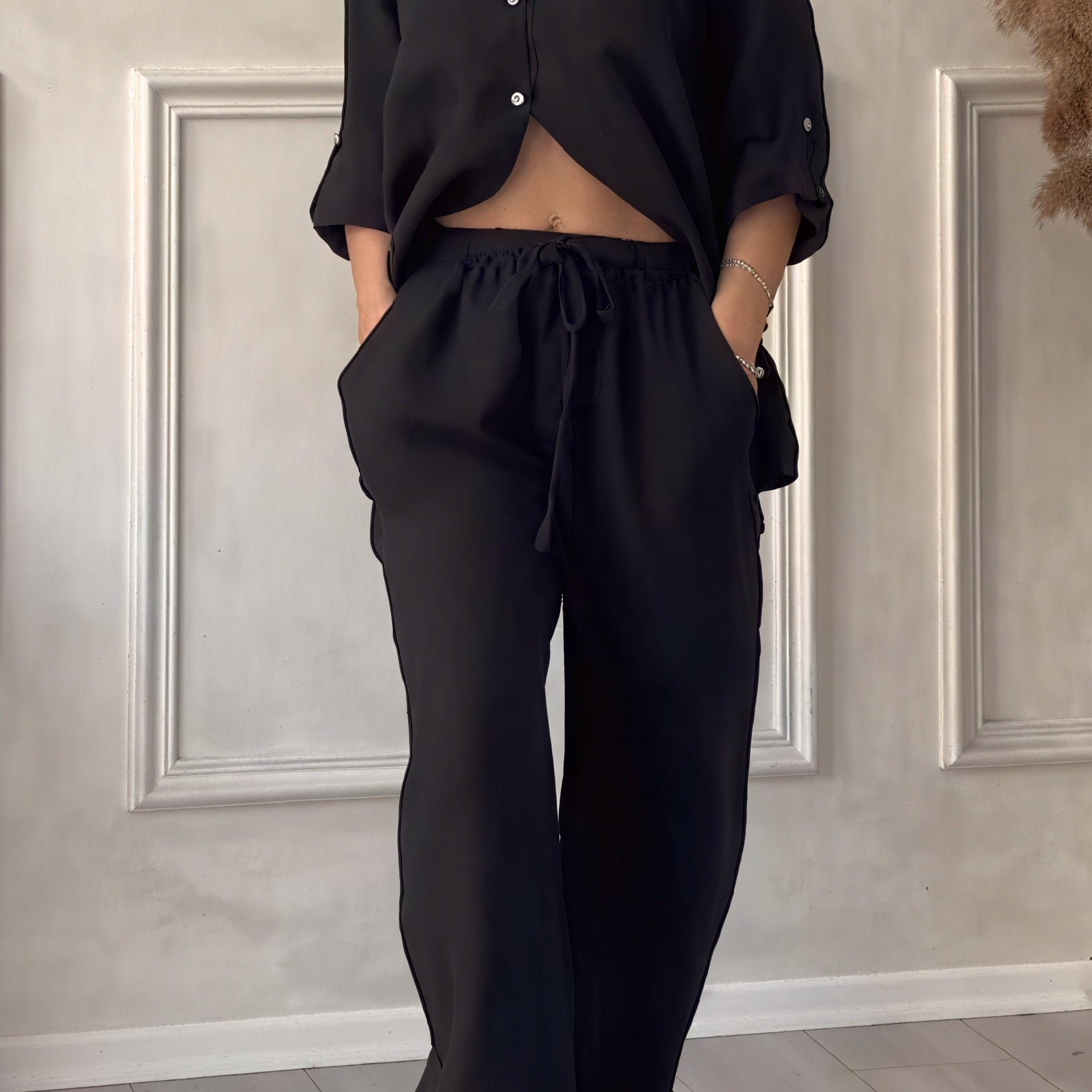 Relaxed Button Down Shirt and Wide Leg Pants Set