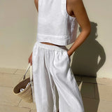 Sleeveless Crop Top and Wide Leg Pants Linen Set