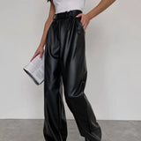 High Waist Wide Leg Faux Leather Pants with Belt