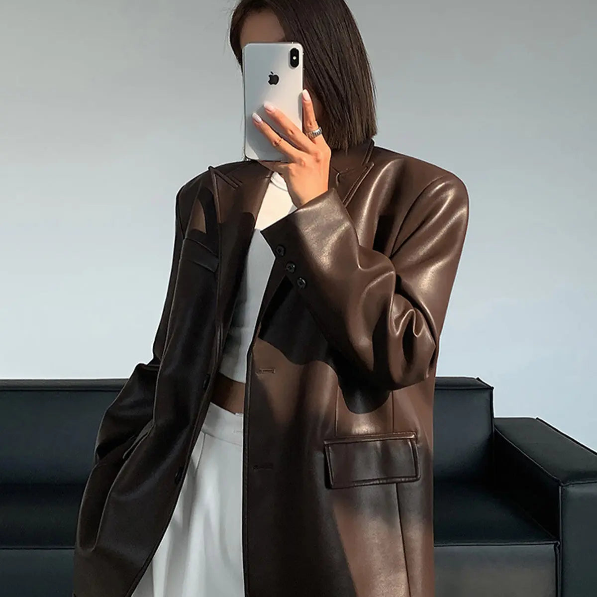 Oversized Faux Leather Blazer with Tailored Structure