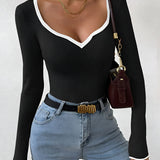 Ribbed Long Sleeve Top with Contrast Trim V Neck