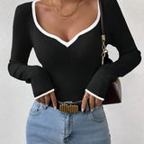 Ribbed Long Sleeve Top with Contrast Trim V Neck