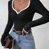 Ribbed Long Sleeve Top with Contrast Trim V Neck