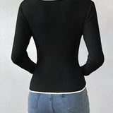 Ribbed Long Sleeve Top with Contrast Trim V Neck