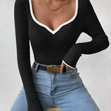 Ribbed Long Sleeve Top with Contrast Trim V Neck