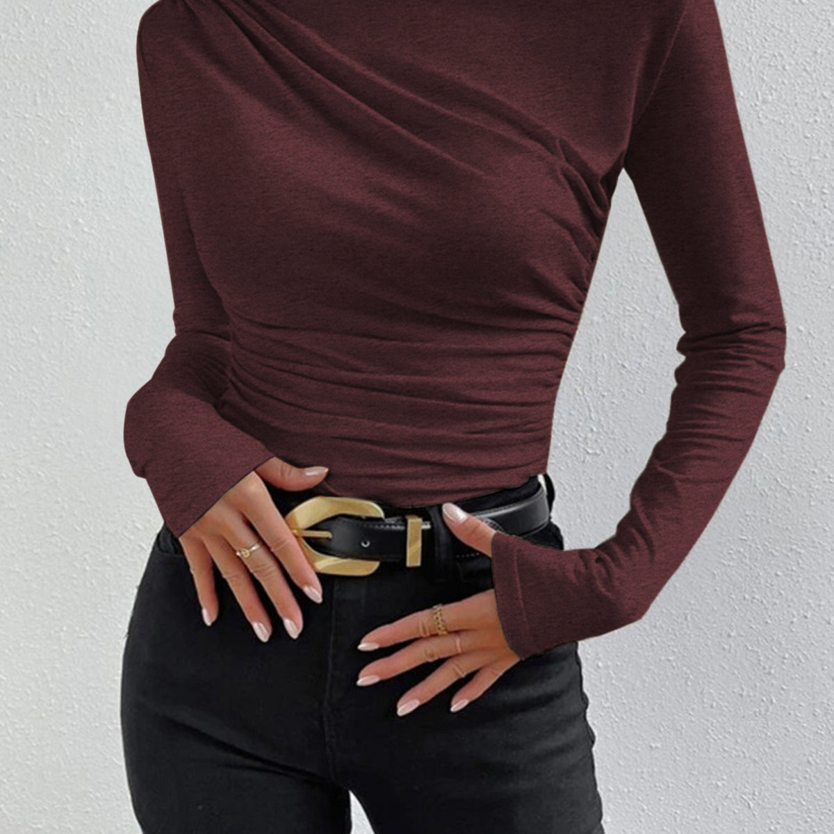 Asymmetrical Ruched Long Sleeve Fitted Top