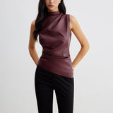 Sleeveless Draped Faux Leather Top with High Neck