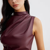 Sleeveless Draped Faux Leather Top with High Neck