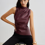 Sleeveless Draped Faux Leather Top with High Neck
