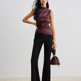 Sleeveless Draped Faux Leather Top with High Neck
