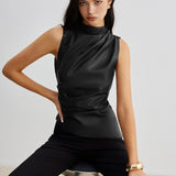 Sleeveless Draped Faux Leather Top with High Neck