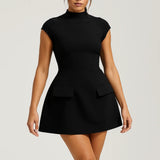 High Neck Structured Mini Dress with Flared Silhouette
