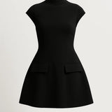 High Neck Structured Mini Dress with Flared Silhouette