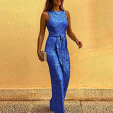 Sleeveless Sequin Wide Leg Jumpsuit with Waist Tie