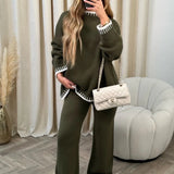 Contrast Trim Knit Set with Oversized Sweater and Wide Leg Pants