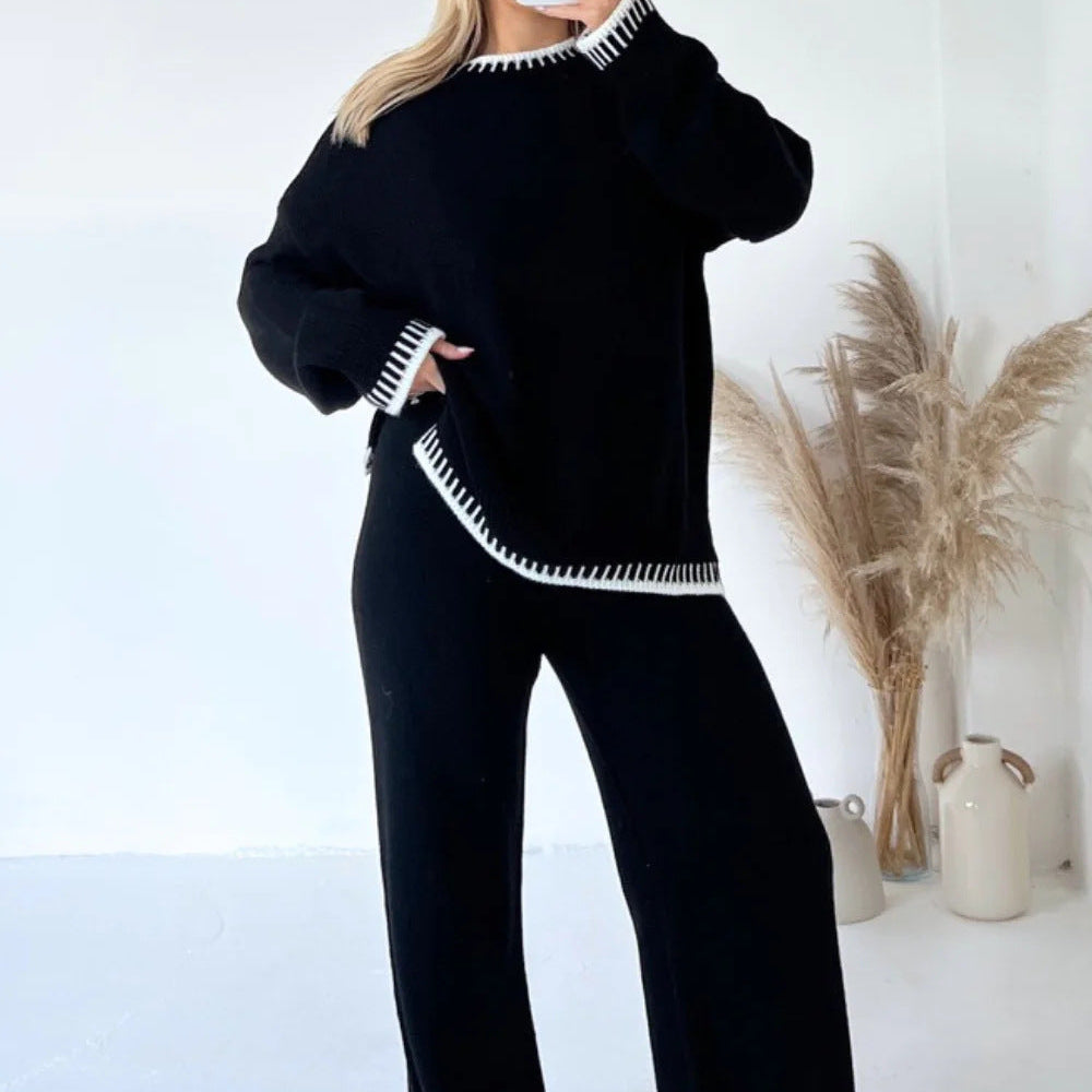 Contrast Trim Knit Set with Oversized Sweater and Wide Leg Pants