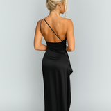 One Shoulder Evening Gown with Draped Fit and High Slit