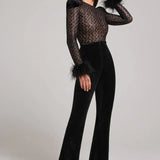 Long Sleeve Lace Jumpsuit with Feather Cuff Detail