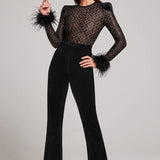 Long Sleeve Lace Jumpsuit with Feather Cuff Detail