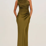 One Shoulder Satin Evening Gown with Sculpted Fit