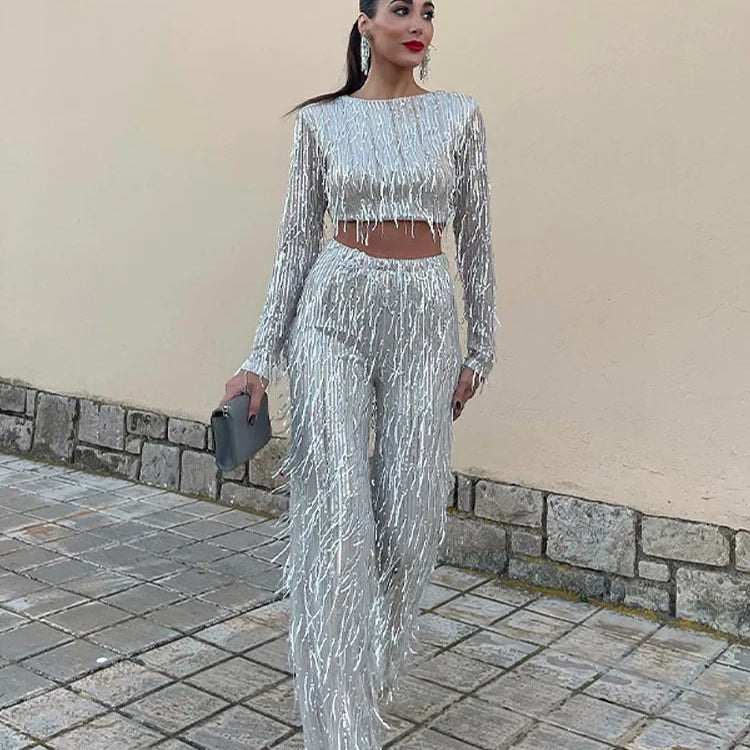 Sequin Crop Top and Wide Leg Pants Evening Set