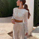 Sequin Crop Top and Wide Leg Pants Evening Set