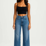 High Waist Wide Leg Denim Jeans with Raw Hem