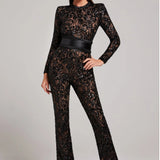 Long Sleeve Lace Sequin Jumpsuit with Structured Waist