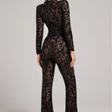 Long Sleeve Lace Sequin Jumpsuit with Structured Waist