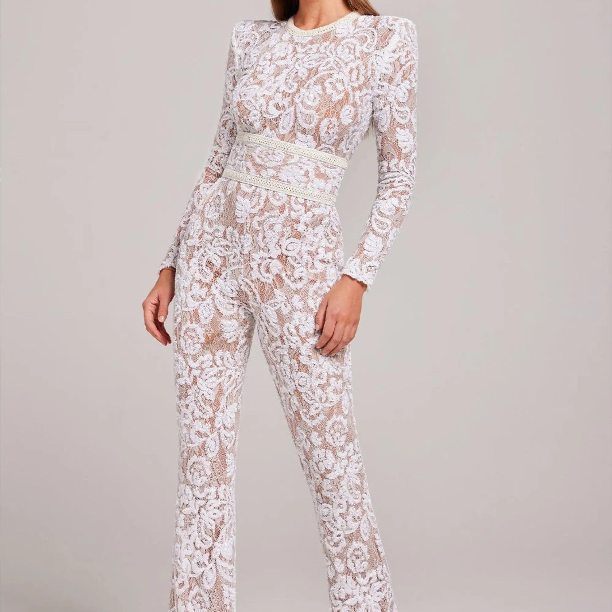Long Sleeve Lace Sequin Jumpsuit with Structured Waist