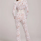 Long Sleeve Lace Sequin Jumpsuit with Structured Waist