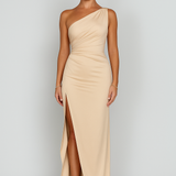 One Shoulder Evening Gown with Draped Fit and High Slit