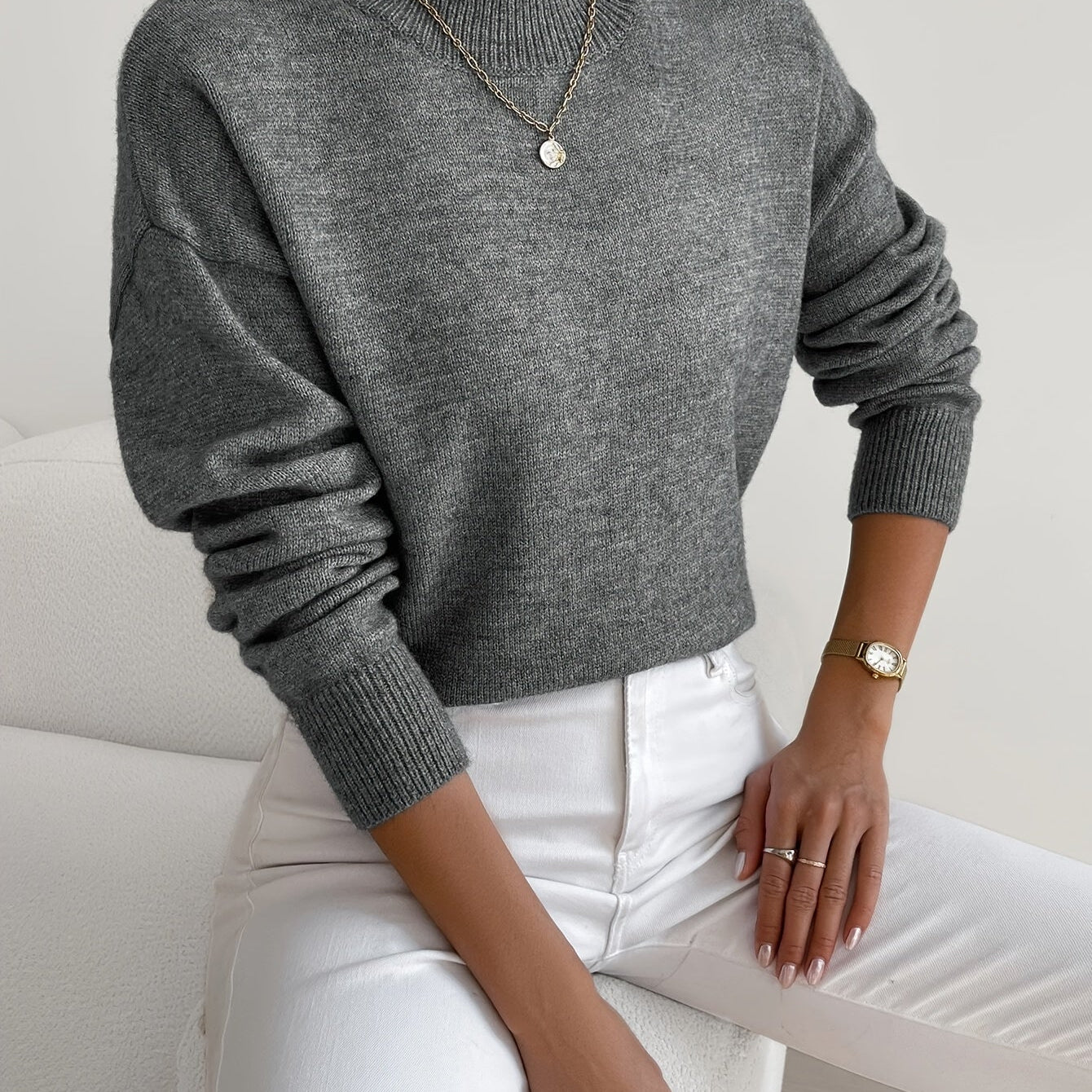 Relaxed Mock Neck Knit Sweater with Soft Finish