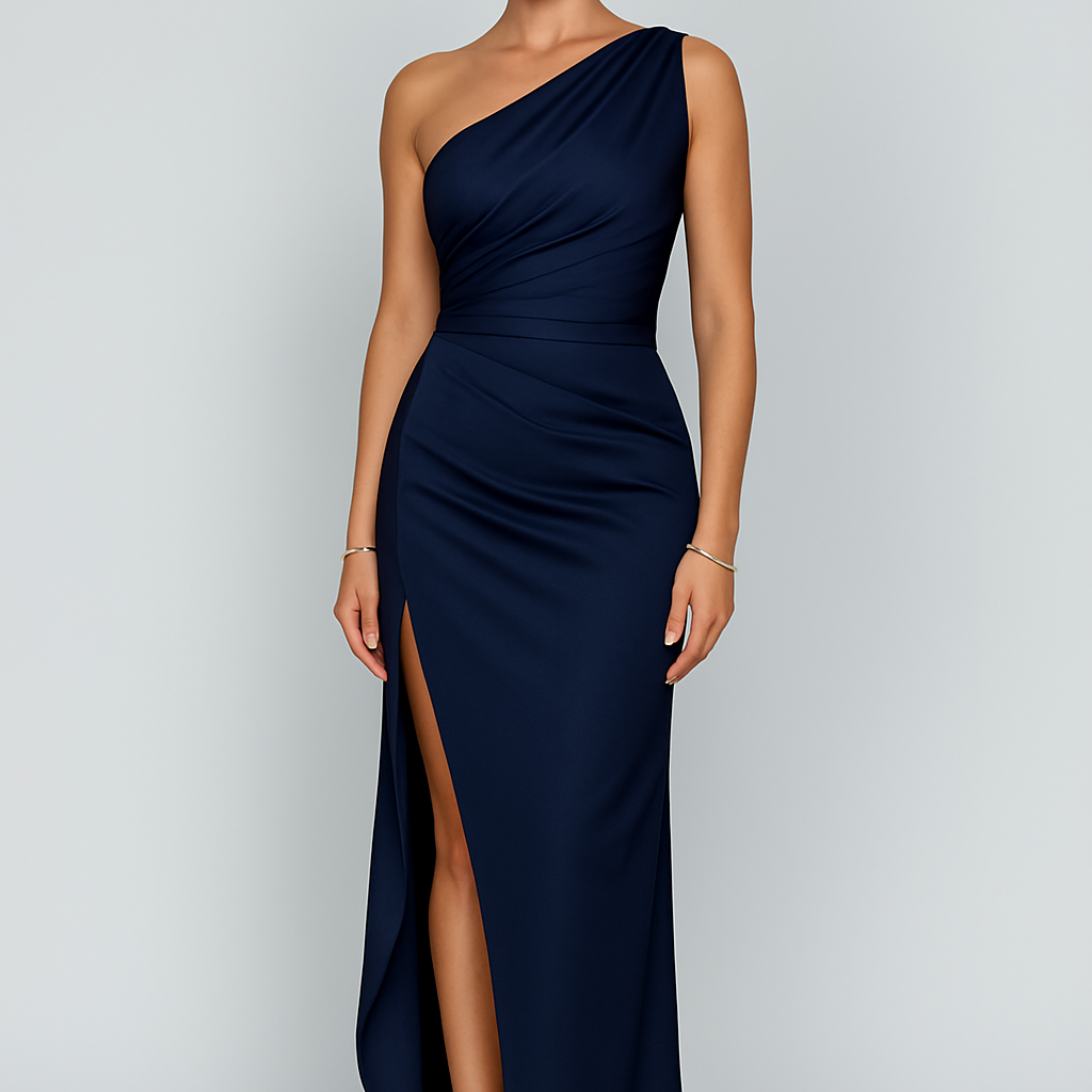 One Shoulder Evening Gown with Draped Fit and High Slit