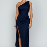 One Shoulder Evening Gown with Draped Fit and High Slit